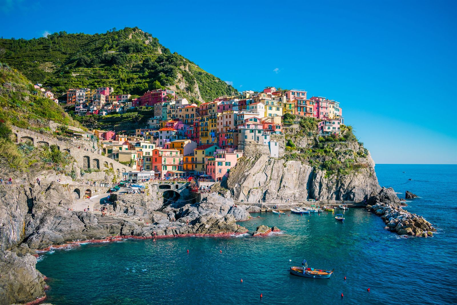 Colorful houses of Manarola in the Cinque Terre on cliffs above the sea